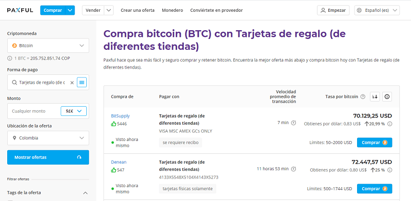 comprar Gift Card con bitcoin en paxful